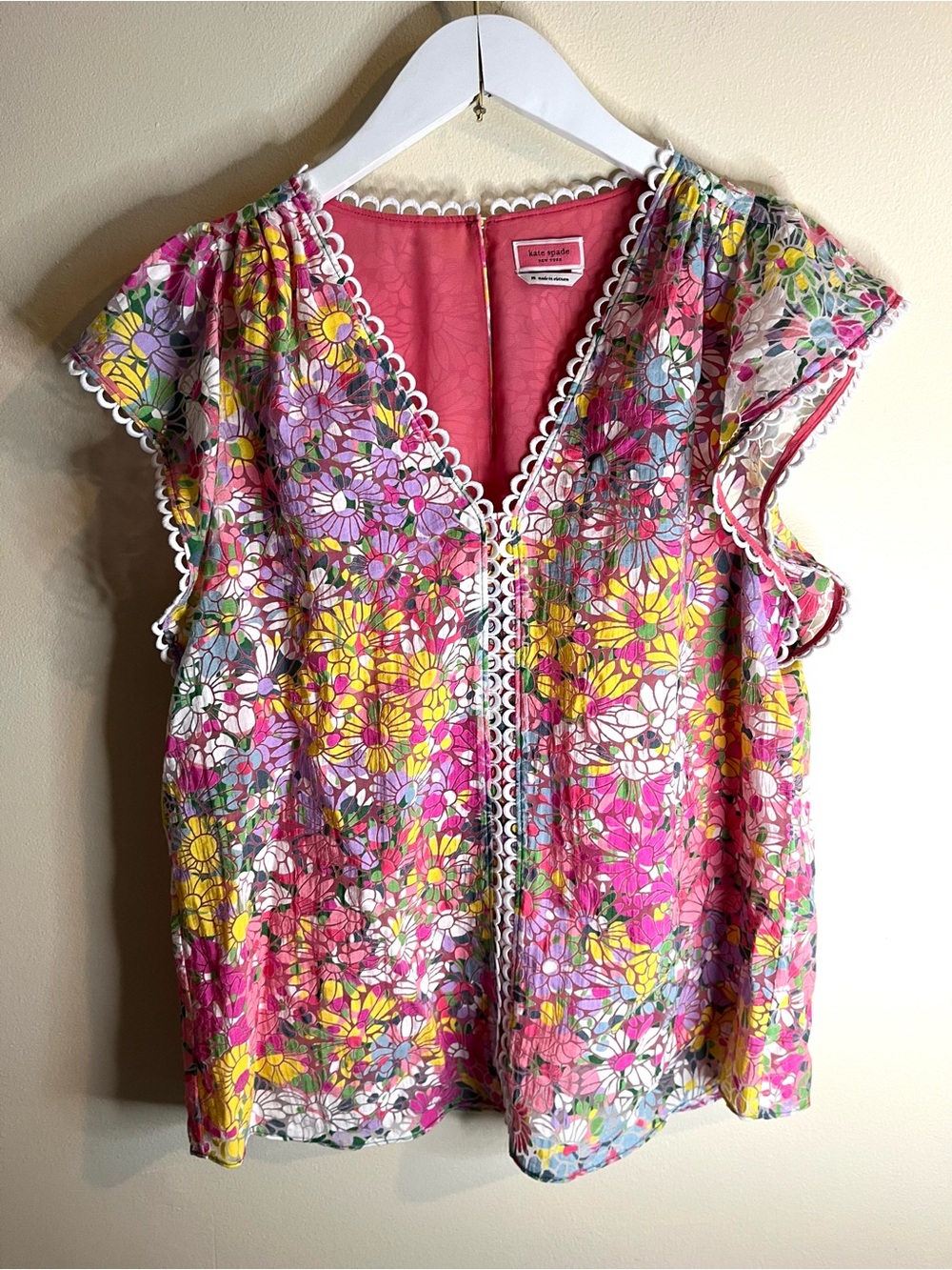 kate spade Multicolor Floral Dots Burnout Lace-Trim V-Neck Blouse